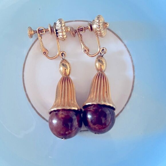 Vintage Vendome Gold Fluted Ball Drop Earrings - Picture 4 of 5